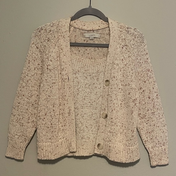 Loft Marled Button Front Cropped Cardigan Sweater Sz S + Tank Top Sz XS - Picture 2 of 10